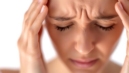 Woman holding her head, experiencing a severe headache or migraine, expressing pain and discomfort, on a white background.