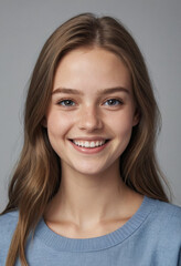 Fototapeta premium Portrait view of a regular happy smiling Iceland girl, ultra realistic, candid, social media, avatar image, plain solid background