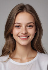 Fototapeta premium Portrait view of a regular happy smiling Latvia girl, ultra realistic, candid, social media, avatar image, plain solid background