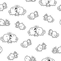 Cute kawaii pomeranian dog. Seamless pattern. Coloring Page. Cartoon character. Vector drawing. Design ornaments.