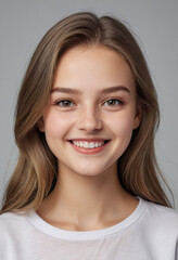 Fototapeta premium Portrait view of a regular happy smiling Lithuania girl, ultra realistic, candid, social media, avatar image, plain solid background