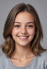 Fototapeta premium Portrait view of a regular happy smiling Luxembourg girl, ultra realistic, candid, social media, avatar image, plain solid background