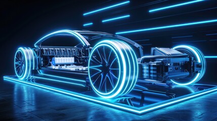 Obraz premium Futuristic Electric Car Chassis Frame with Battery and Glowing Blue Lines