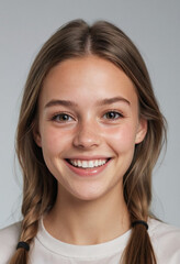 Fototapeta premium Portrait view of a regular happy smiling Norway girl, ultra realistic, candid, social media, avatar image, plain solid background