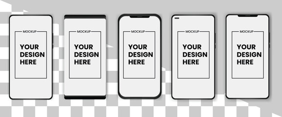 Set of realistic models smartphone with transparent screens. Smartphone mockup collection. Phone mockup in front. Mobile phone with shadow.