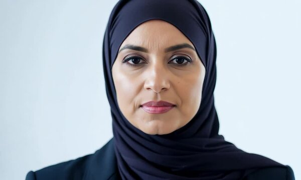 Confident businesswoman in hijab and suit jacket exudes empowerment and equality, reflecting diversity and opportunity in corporate world