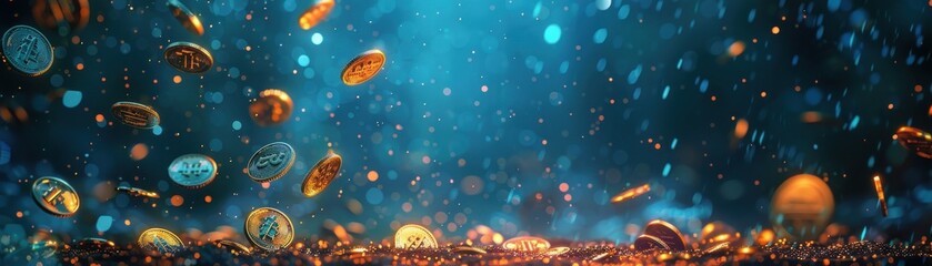 Naklejka premium A rainstorm of falling coins nourishing a garden in a lush forest theme, front view, symbolizing financial growth, futuristic tone, Complementary Color Scheme