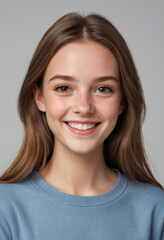 Fototapeta premium Portrait view of a regular happy smiling United Kingdom girl, ultra realistic, candid, social media, avatar image, plain solid background