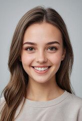 Fototapeta premium Portrait view of a regular happy smiling Ukraine girl, ultra realistic, candid, social media, avatar image, plain solid background