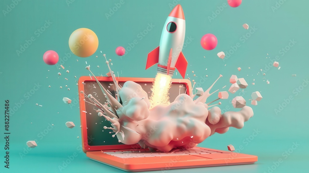 Poster dynamic 3d render of rocket bursting through laptop screen symbolizing innovation and creativity in 