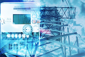 Electricity meter and high voltage tower, double exposure