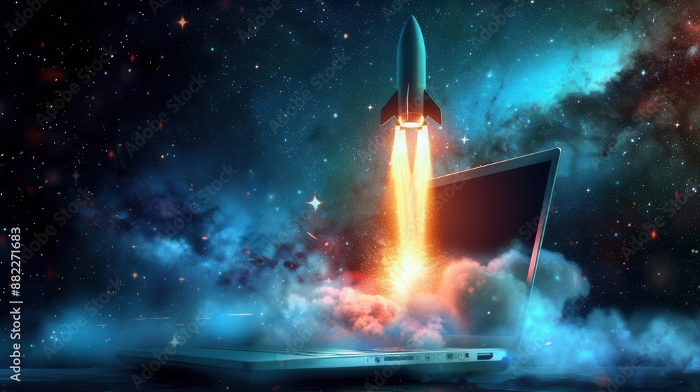 Poster dynamic illustration rocket bursting from laptop screen against starry void symbolizes digital innov