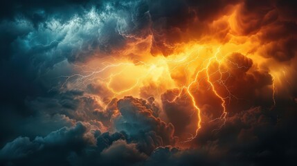 electrifying orange lightning bolt fracturing night sky illuminating storm clouds with brilliant energy dynamic composition capturing raw power of nature in stunning detail