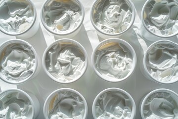 Yogurt Container. Closeup of Empty and Broken Plastic Yogurt Pots on Blank Background
