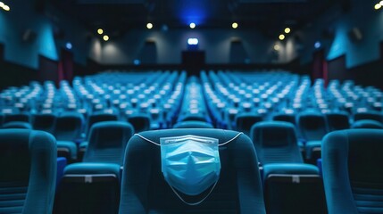 Naklejka premium empty cinema hall with medical mask on chair pandemic industry crisis concept