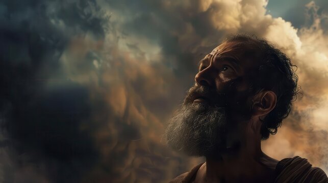 emotive portrait of bearded jonah gazing at nineveh from afar dramatic lighting and somber palette conveying inner turmoil and divine mission