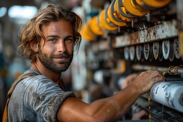 A man with a confident smile, operating industrial machinery in a factory setting, showcasing his expertise and pride in his work, surrounded by a mechanical environment.