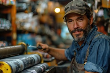A worker with a light beard, focused intensely on operating machinery in a busy workshop, surrounded by various machine parts and tools, reflecting dedication and skill.