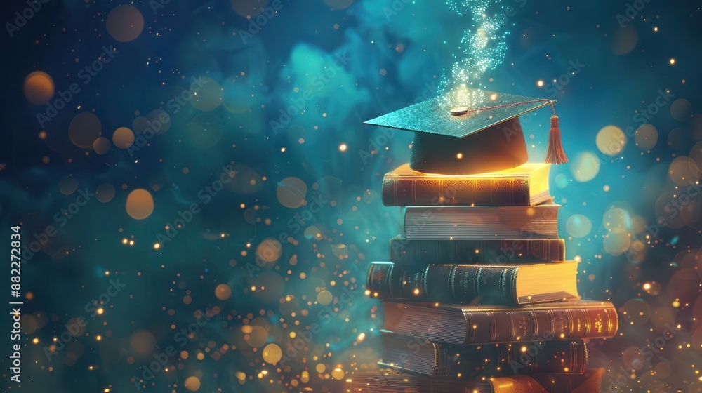 Poster ethereal graduation scene floating mortar board above glowing stack of books soft luminescent partic