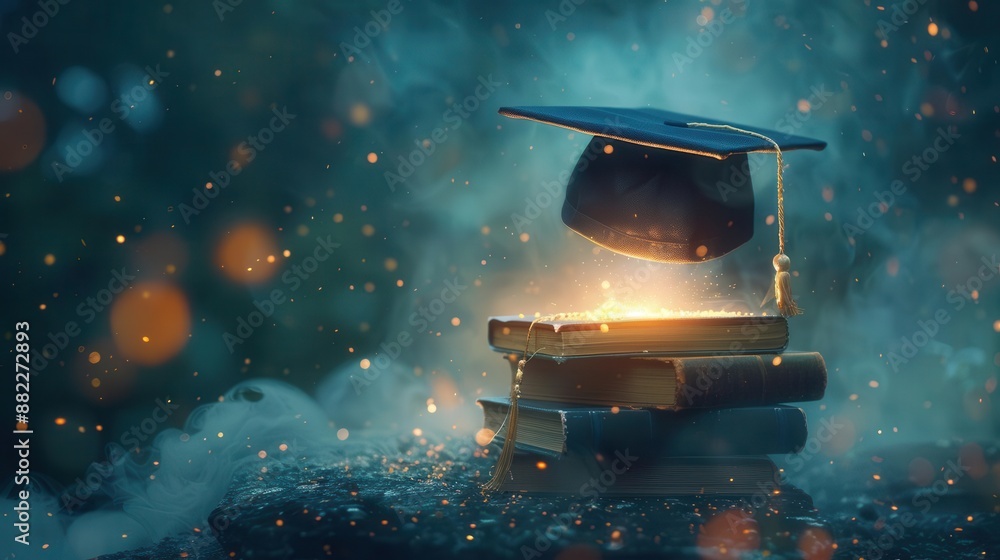 Aufkleber ethereal graduation scene floating mortar board above glowing stack of books soft luminescent partic