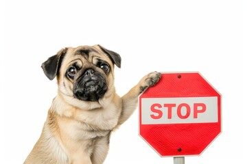 Stop Funny. Adorable Smiling Pug Puppy Holding Red Traffic Stop Sign on White Background