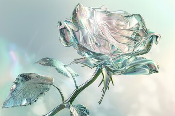 an elegant glass rose, with petals made of transparent, shimmering glass. The stem and leaves are delicately crafted, with intricate details and a slight green tint. 