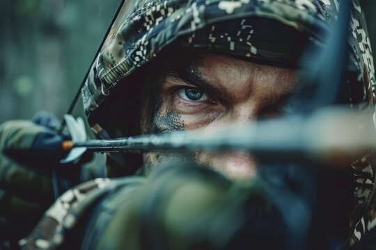 Camo Hunting: Close-up of Archer in Camouflage with Modern Bow - Powered by Adobe