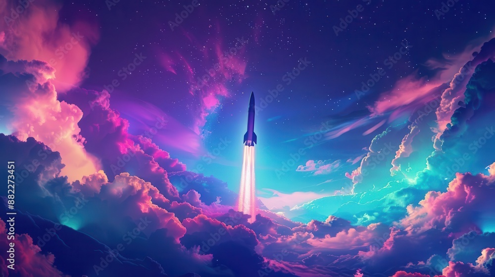 Poster futuristic space rocket soaring through vibrant clouds stylized as a sleek icon celestial launch sym