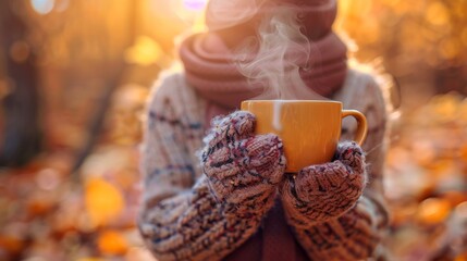 coffee break, gloved hands tightly clutch hot mugs of coffee, steam rising to offer warmth and comfort on this crisp autumn morning