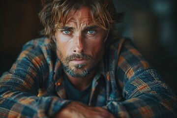 Obraz premium A middle-aged man with a rugged appearance wears a plaid shirt, gazing intensely at the camera, highlighting his weathered features and a strong personality.