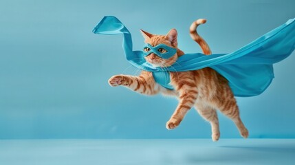 heroic orange tabby cat in midleap wearing flowing blue cape and mask against pastel blue background embodying playful superhero concept with feline charm