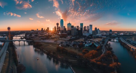 Fototapeta premium Dallas Tx Downtown Skyline Aerial Panorama with Iconic Architecture