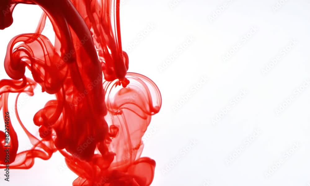 Poster vibrant red paint splashes creatively on white background, forming unique shapes. dynamic motion and