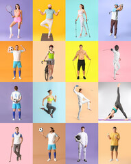 Collage of many sporty people on color background