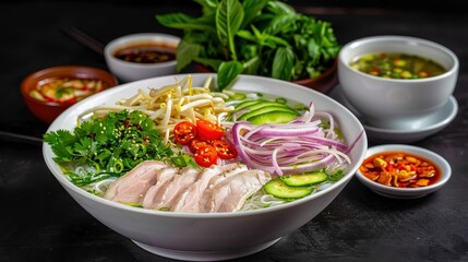 A delicious bowl of Vietnamese pho with fresh chicken, vegetables, and herbs, served with various condiments and a side of soup.