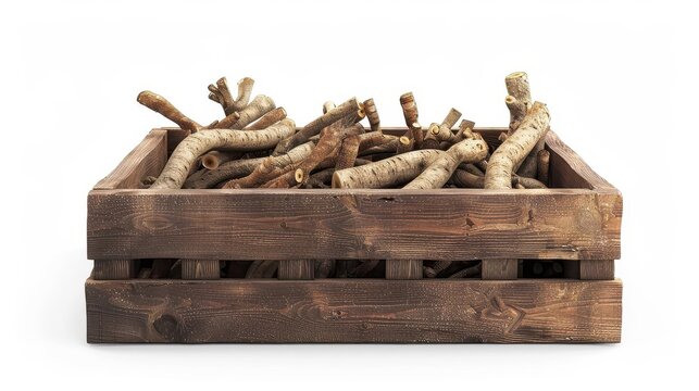 hyperrealistic wooden box filled with malanga roots isolated on white background png format
