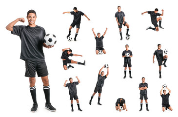 Set of young African-American football player on white background