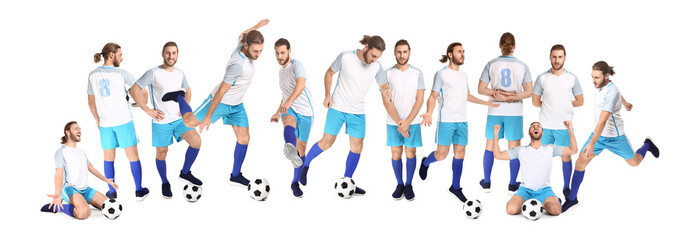 Set of young football player on white background