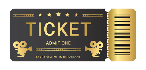 Naklejka premium Cinema ticket or gold coupon pass. Vector illustration isolated on white background