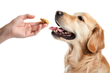 Golden Retriever eagerly reaches for a treat being offered by a hand, highlighting the bond between pets and their owners, with a transparent background.