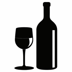 Glass Vector Illustration, wine bottle Vector Art, wine bottle and glass Silhouette, wine bottle and glass cartoon  Character