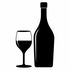 Glass Vector Illustration, wine bottle Vector Art, wine bottle and glass Silhouette, wine bottle and glass cartoon  Character
