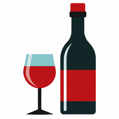 Glass Vector Illustration, wine bottle Vector Art, wine bottle and glass Silhouette, wine bottle and glass cartoon  Character