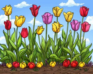 Tulips Cartoon. Many-Coloured Tulip Flowerbed Blossoming with Red and Yellow Blooms