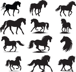 vector set of horses in black and white