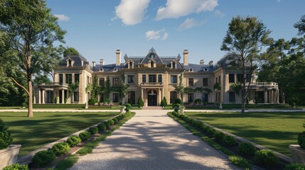 Fototapeta premium A stately manor house with a grand entrance, manicured lawns, and a tree-lined driveway.