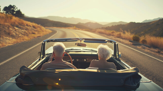 Retirees enjoy a luxurious convertible, moving with grace and elegance along the scenic route. Their journey is full not only of comfort, but also of shared conversations and mutual support.
