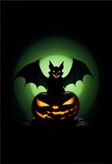 halloween bat on halloween pumpkin on a dark background with green spot light