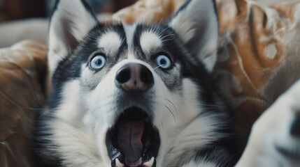 Fototapeta premium Close shot of a portrait of a very cute and surprised husky. His eyes are wide open and his ears are erect, expressing surprise and curiosity.