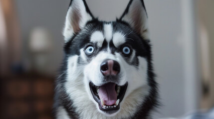 Close shot of a portrait of a very cute and surprised husky. His eyes are wide open and his ears are erect, expressing surprise and curiosity.